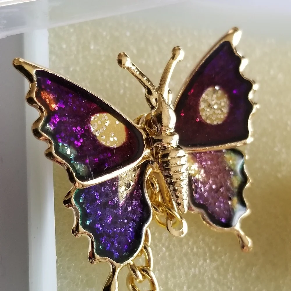 Vintage glitter butterfly brooch set New old stock Gold tone insect bug …